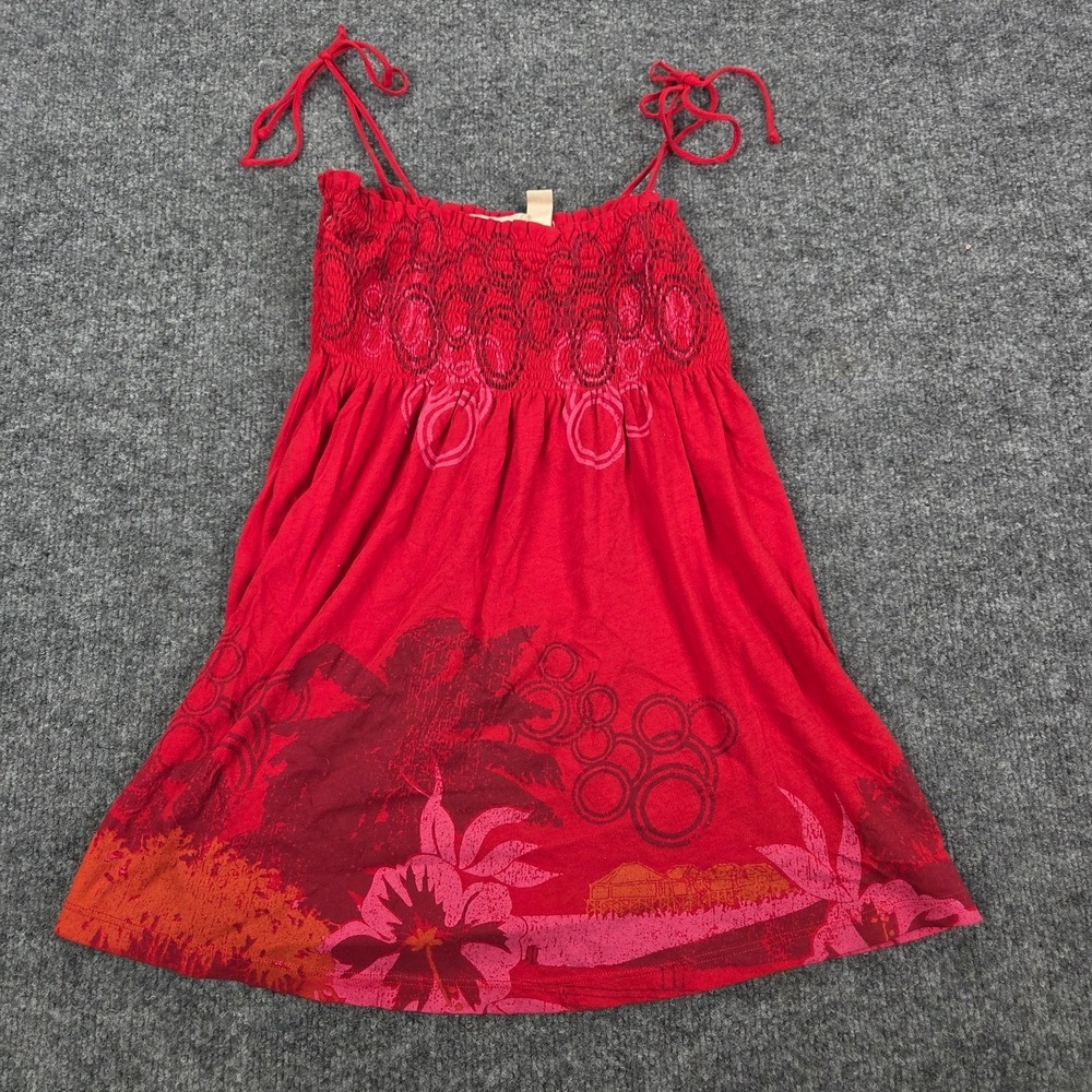 Vintage Y2K GUESS Red Pink Floral Babydoll Tunic Top Smocked Waist - Medium